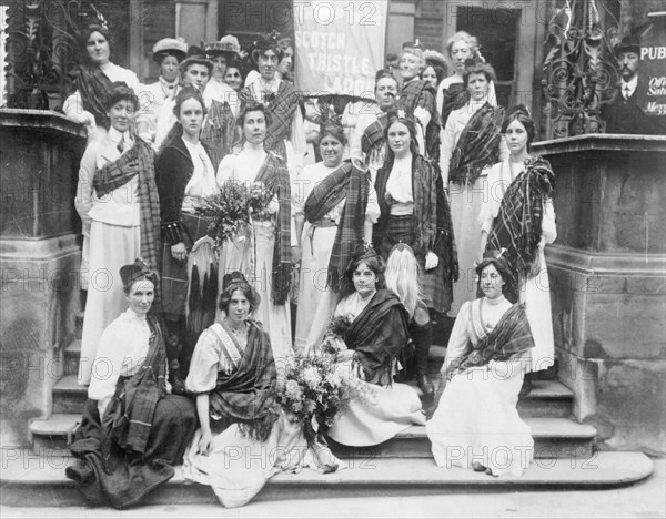 Scottish suffragettes welcoming Mary Phillips on her release from Holloway Gaol, August 1908. Artist: Unknown