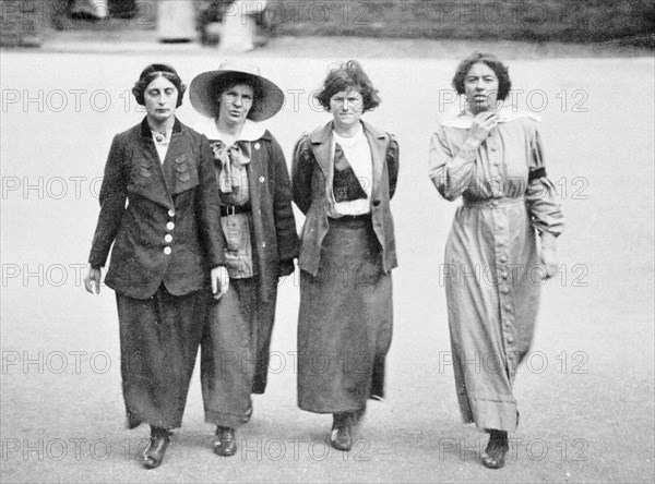 Four suffragettes exercising in the yard at Holloway Gaol, c1912. Artist: Unknown