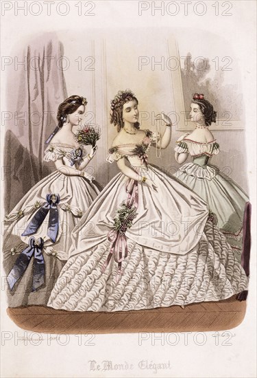 Women in evening dresses from the Le Monde Elégant, 1863. Artist: Unknown