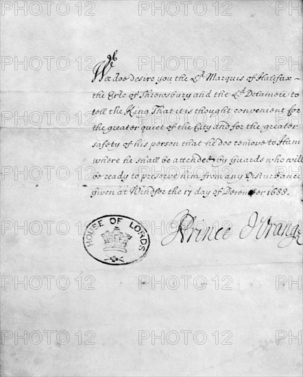 House of Lords document, signed Prince d'Orange, 1688. Artist: King William III
