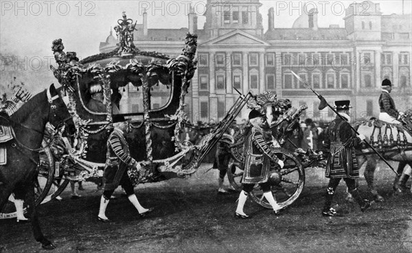 King Edward VII in his coronation coach, 1902. Artist: Unknown