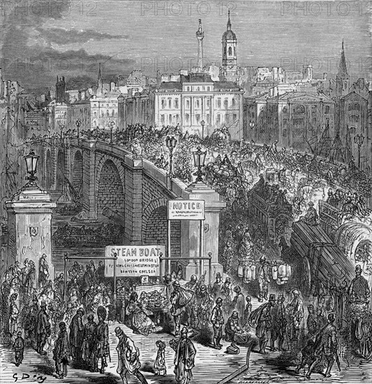 Busy scene on London Bridge, 1872.  Artist: Gustave Doré