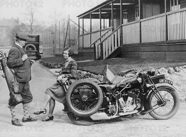 Golfers with a 1939 AJS and sidecar, (c1939?). Artist: Unknown