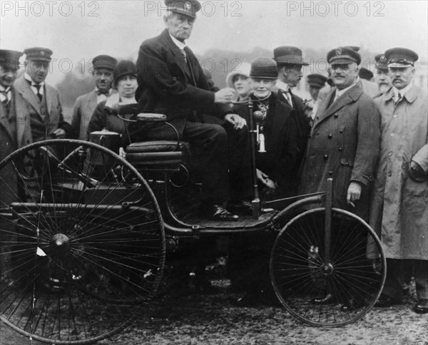 Karl Benz in his Benz motor car, 1886. Artist: Unknown