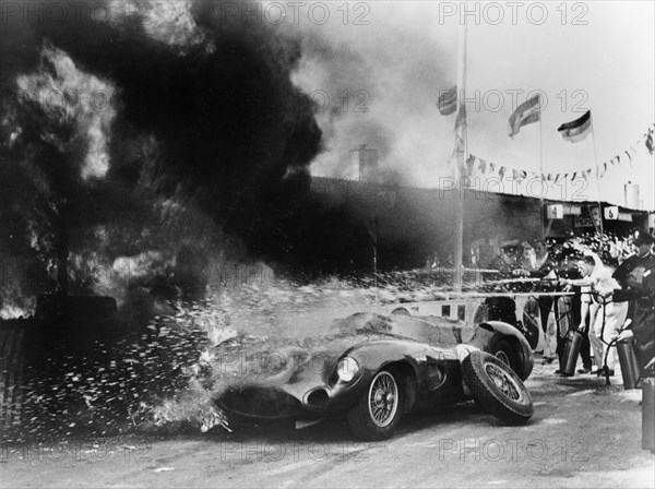 Aston Martin DBR1 on fire, Goodwood, Sussex, 1959. Artist: Unknown