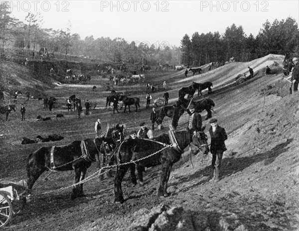 Brooklands motor racing circuit under construction, Surrey, c1906-c1907. Artist: Unknown