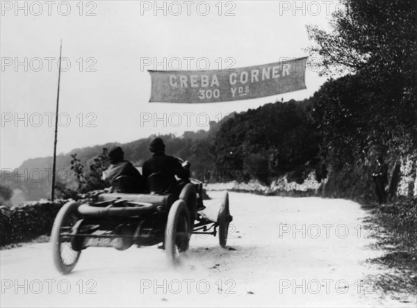 T Thornycroft in a Thornycroft car in a TT race, 1908. Artist: Unknown