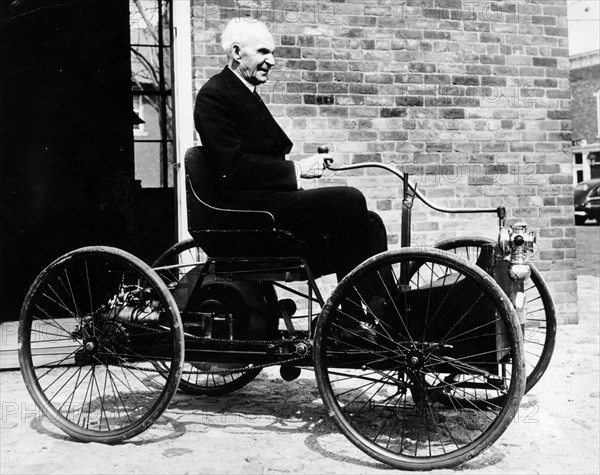 Henry Ford on a 1896 Ford, (c1940s?). Artist: Unknown