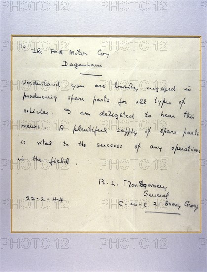 A letter from General Montgomery to Henry Ford, 1944. Artist: General Montgomery