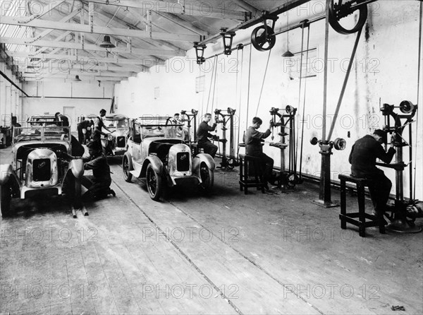 Austin Sevens being fitted with Swallow bodies. Foldshill[?] 1929. Artist: Unknown