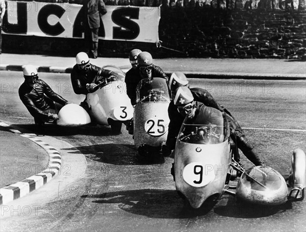 Fritz Scheidegger, Walter Schneider and Helmut Fath competing in a sidecar race, 1959. Artist: Unknown