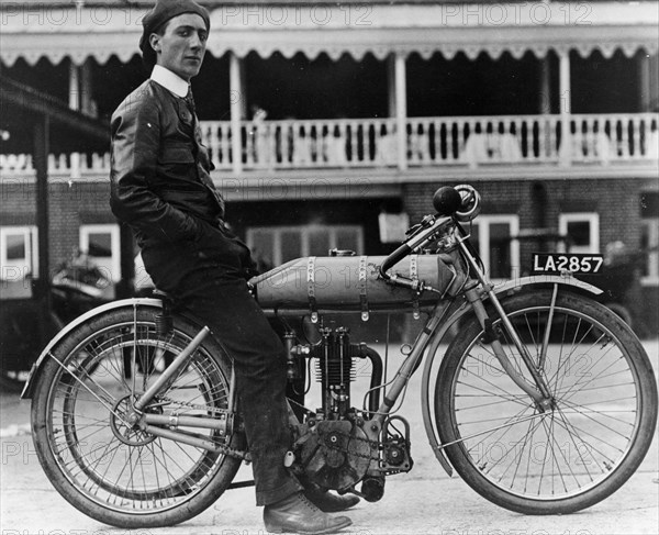 Syd Justien Tessier, on a 1910 Bat 3.5 Litre bike, (1910?). Artist: Unknown