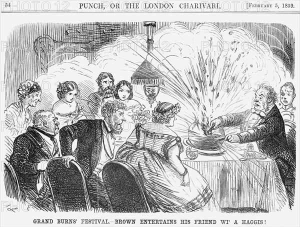 'Grand Burns' Festival. - Brown Entertains his Friend wi' a Haggis!', 1859. Artist: John Leech