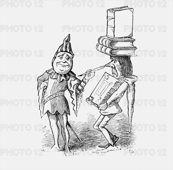 Jester tickling a man carrying books, 1867. Artist: Unknown