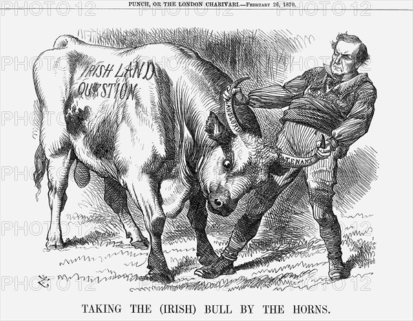 'Taking the (Irish) Bull by the Horns', 1870. Artist: Joseph Swain