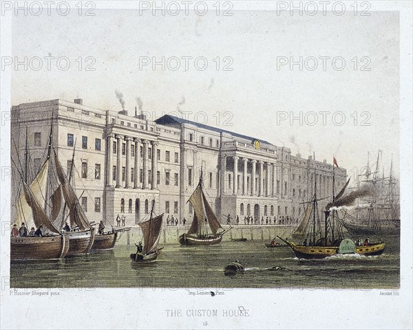 Custom House and River Thames, London, 1854. Artist: Louis Julien Jacottet
