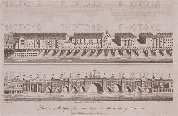 Two Views of London Bridge (old), London, 1805. Artist: A Birrell