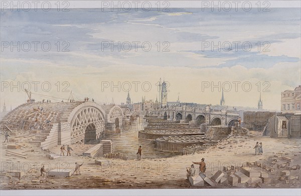 London Bridge (old and new), London, 1828. Artist: G Yates