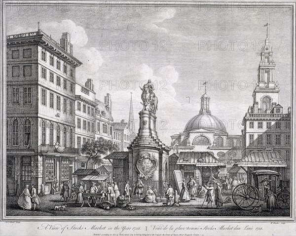 Stocks Market in Poultry, London, c1728. Artist: Sutton Nicholls