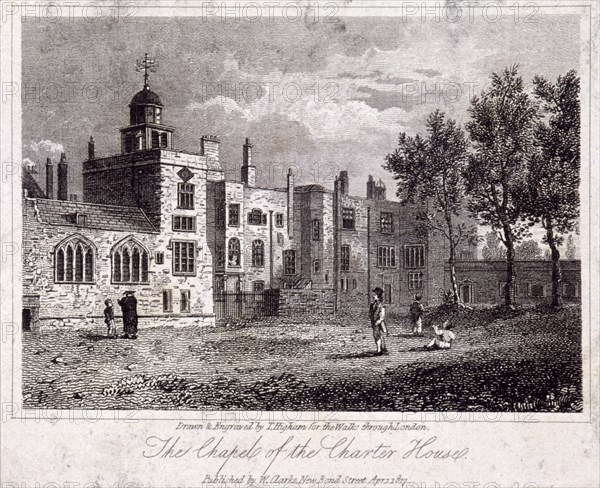 The chapel at Charterhouse with figures, Finsbury, London, 1817. Artist: Thomas Higham