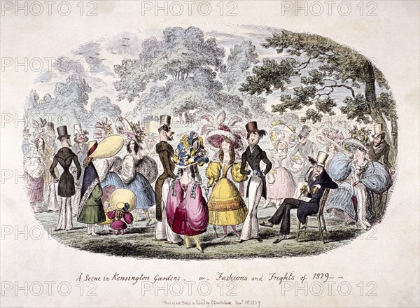 'A scene in Kensington Gardens - or - fashion and frights of 1829'. Artist: George Cruikshank