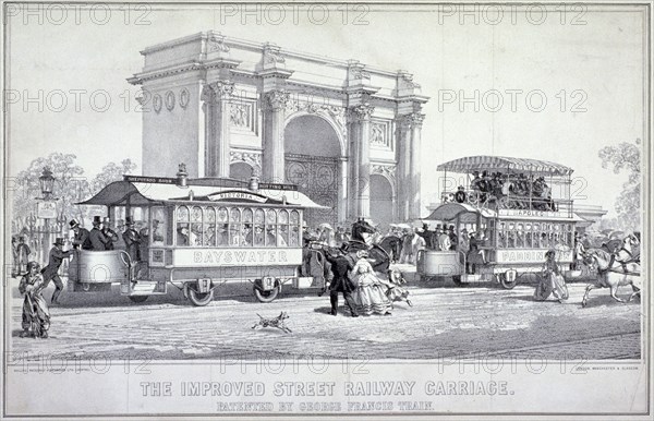 Marble Arch and street trams, London, 1860. Artist: Macdonald