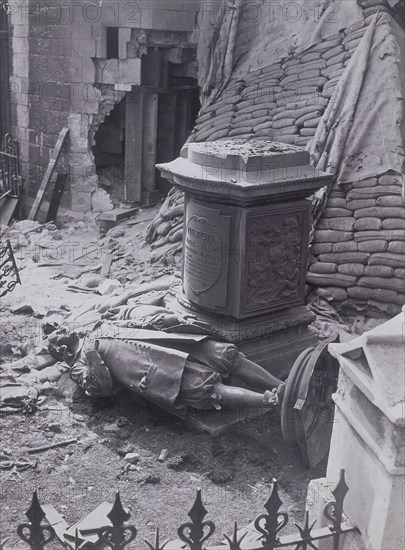 Monument to John Milton and part of St Giles without Cripplegate after bomb damage, c1940. Artist: Anon