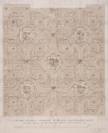 Ceiling of guest chamber in a house on Whitecross Street, London, 1871. Artist: Charles James Richardson