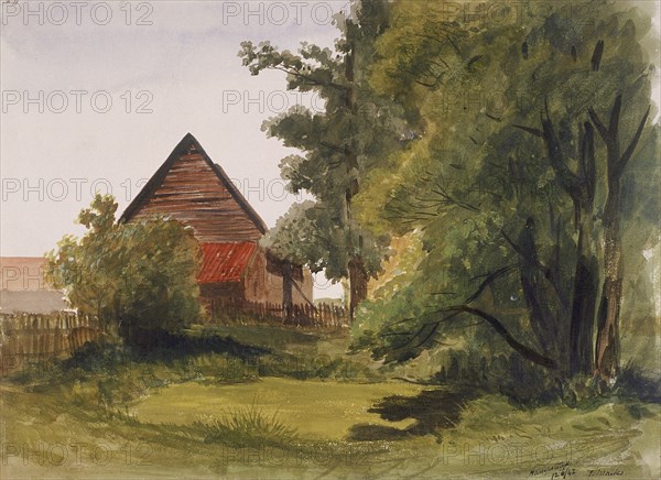 View of Hampstead with a barn on the left, Hampstead, Camden, London, 1842. Artist: Edmund Marks