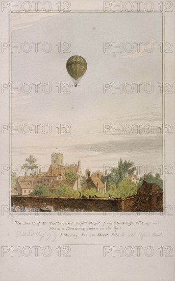 View of James Sadler's balloon over Mermaid Gardens, Hackney, London, 1811. Artist: Anon