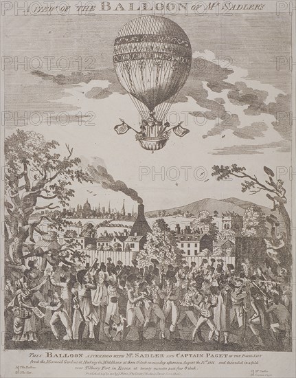 View of James Sadler's balloon over Mermaid Gardens, Hackney, London, 1811. Artist: Anon