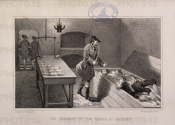 Scene of the robbery of a baker at Hackney, London, c1730. Artist: Dean & Co