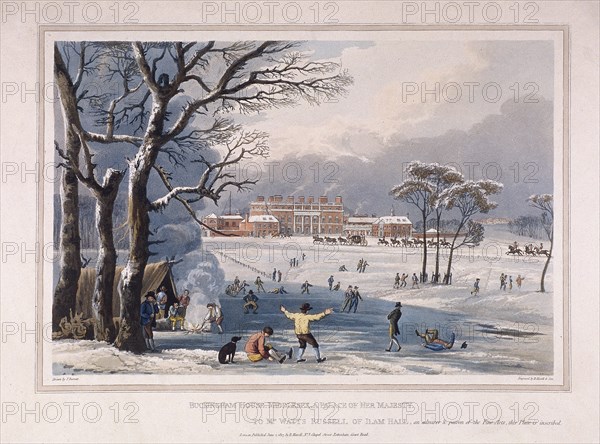 Buckingham House and St James's Park in the winter, London, 1817. Artist: Robert Havell