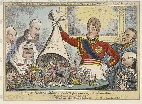 'The Royal Extinguisher, or the King of Brobdingnag & the Lilliputians', 1821. Artist: George Cruikshank