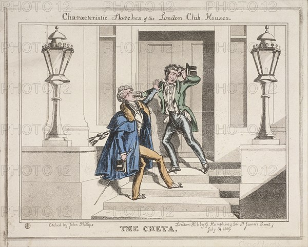 View of two drunken revellers on the steps of Crockford's Club, London, 1829. Artist: John Phillips