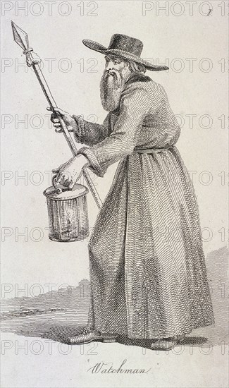 'Watchman', (c1640?), Cries of London, (c1819?). Artist: John Thomas Smith