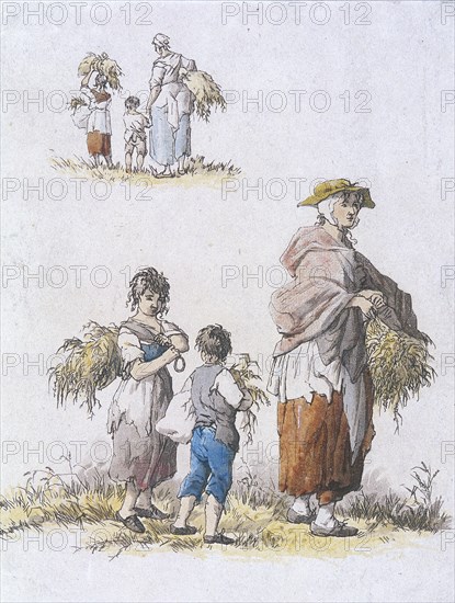 Women and children gleaning, Provincial Characters, 1802. Artist: William Henry Pyne