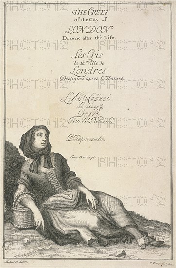 Reclining woman with a basket, Cries of London, (c1688?). Artist: Pierce Tempest