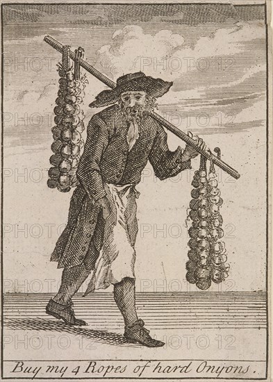 'Buy my 4 Ropes of hard Onyons', Cries of London, (c1688?). Artist: Anon