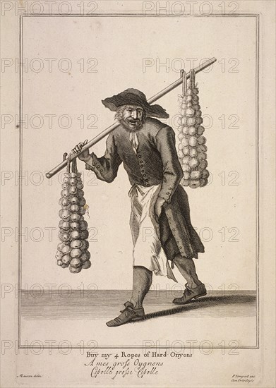 'Buy my 4 Ropes of Hard Onyons', Cries of London, (c1688?). Artist: Anon