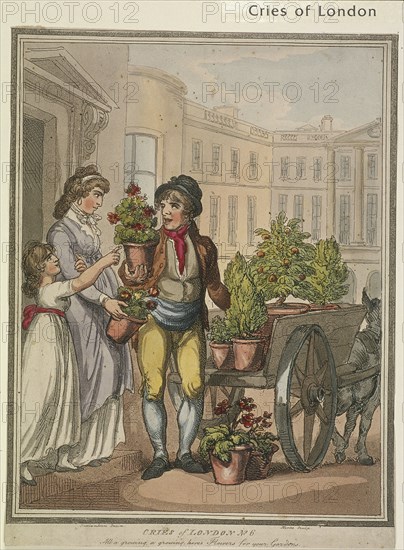 'All a growing, a growing, heres Flowers for you Gardens', plate VI of Cries of London, 1799. Artist: H Merke