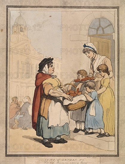 'Hot cross Bunns two a penny Bunns', plate VIII of Cries of London, 1799. Artist: H Merke