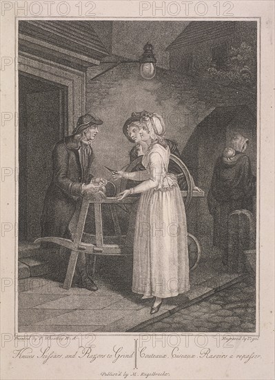 'Knives Scissars and Razors to Grind', Cries of London, c1795. Artist: Vogel