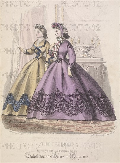 Two women model the latest fashions, 1864. Artist: Anon