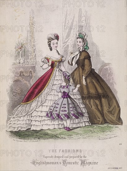 Two women and a little girl model the latest fashions, 1863. Artist: Anon