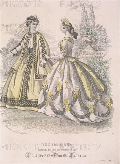 Two women model the latest fashions, 1863. Artist: Anon