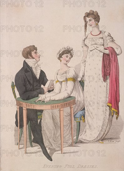Two women and a man wearing full evening dress, c1810. Artist: W Read