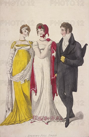 Two women and a man wearing full evening dress, c1810. Artist: W Read