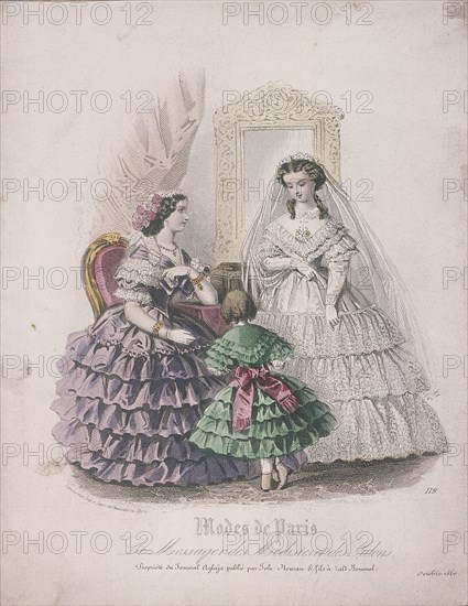 Two women and a child wearing the latest fashions, 1860. Artist: Anon
