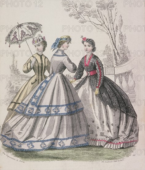 Three women wearing the latest fashions, one of the women is shading herself with a parasol, 1864. Artist: Anon